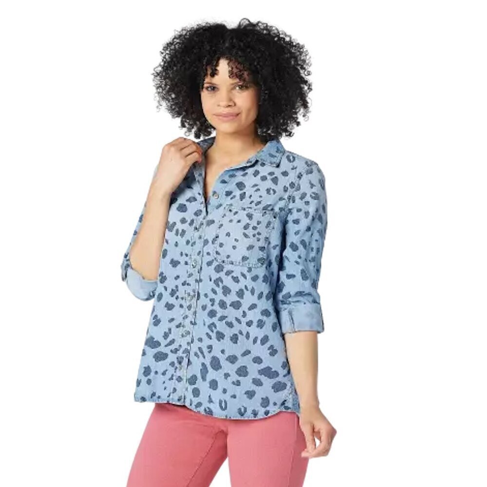 New SIDE STITCH Button Front Animal Print Denim Shirt Size XS